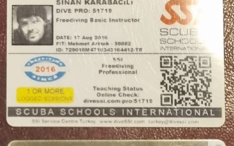Sinan Karabacılı — SSI Freediving Basic Instructor kartı, 2016
