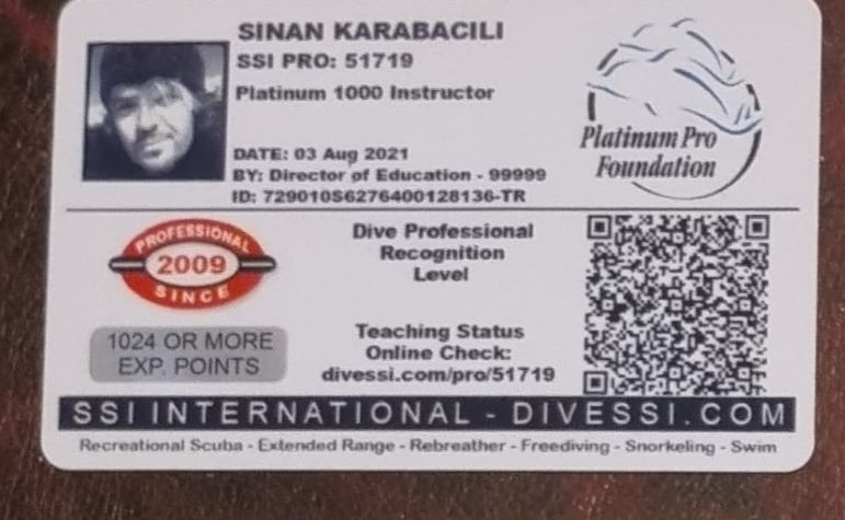 Sinan Karabacılı — SSI Platinum 1000 Instructor kartı, 1024+ deneyim puanı