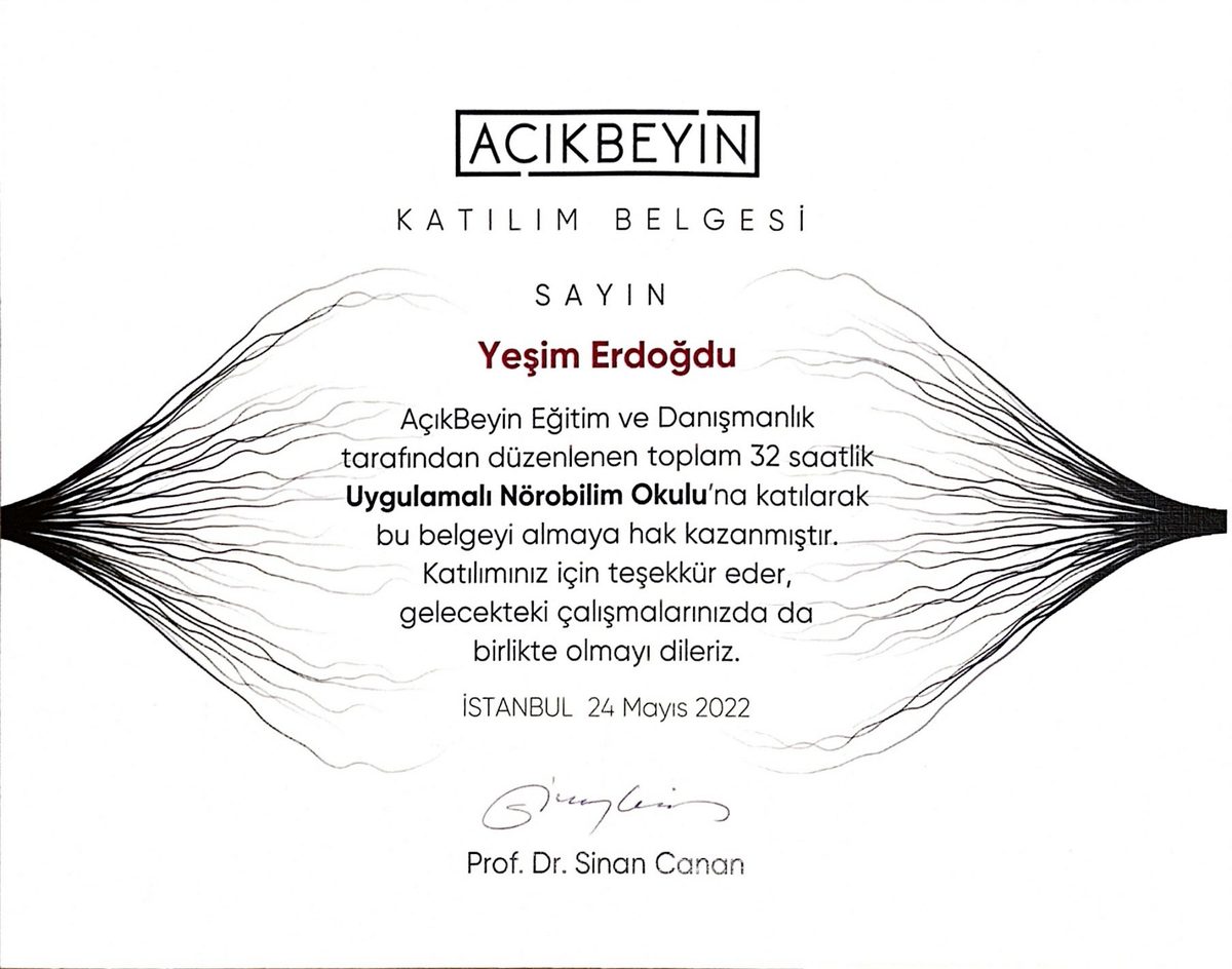 Yeşim Erdoğdu — AçıkBeyin Uygulamalı Nörobilim Okulu katılım belgesi, Prof. Dr. Sinan Canan imzalı