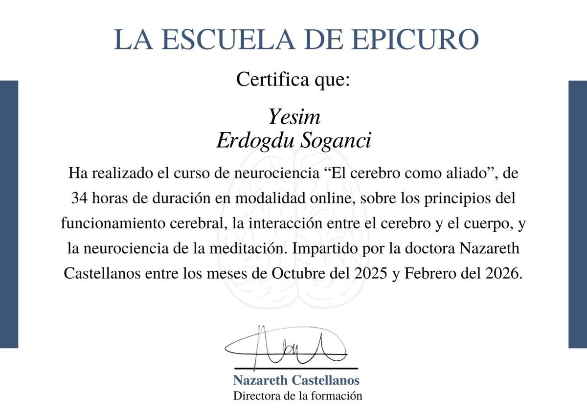 Yeşim Erdoğdu Soğancı — El Cerebro como Aliado nörobilim programı sertifikası, Nazareth Castellanos
