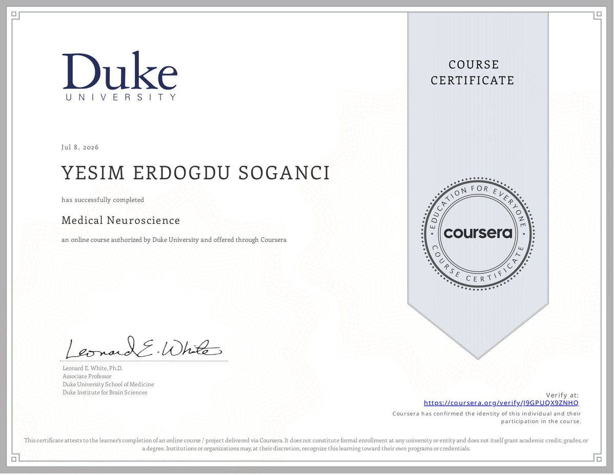 Yeşim Erdoğdu Soğancı — Duke University Medical Neuroscience kurs sertifikası (Coursera)