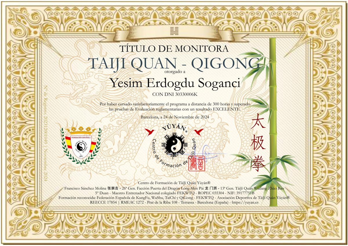 Yeşim Erdoğdu Soğancı — Taiji Quan Qigong 300 saat monitörlük diploması, Barselona