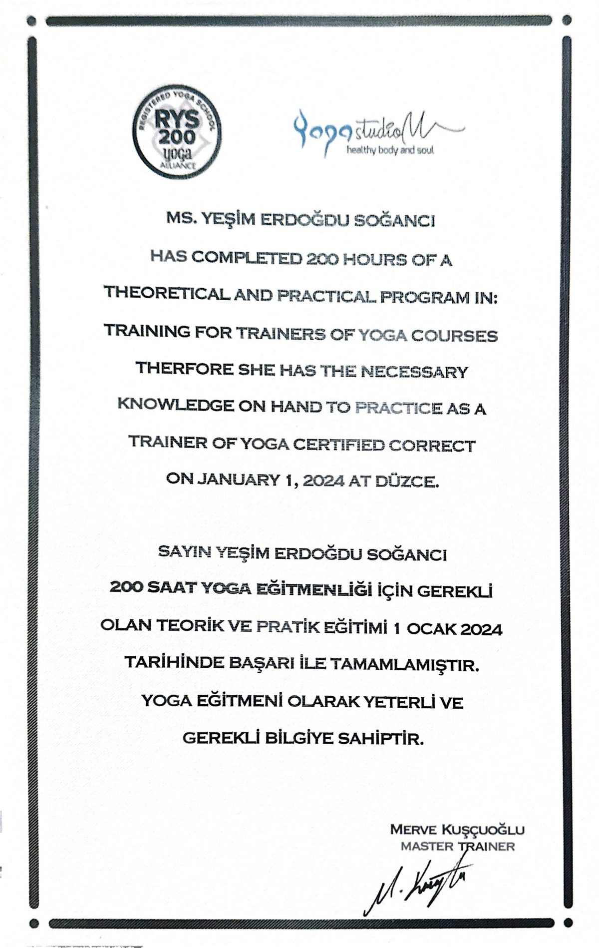 Yeşim Erdoğdu Soğancı — 200 saat yoga eğitmenliği sertifikası, Yoga Studio M (RYS 200)