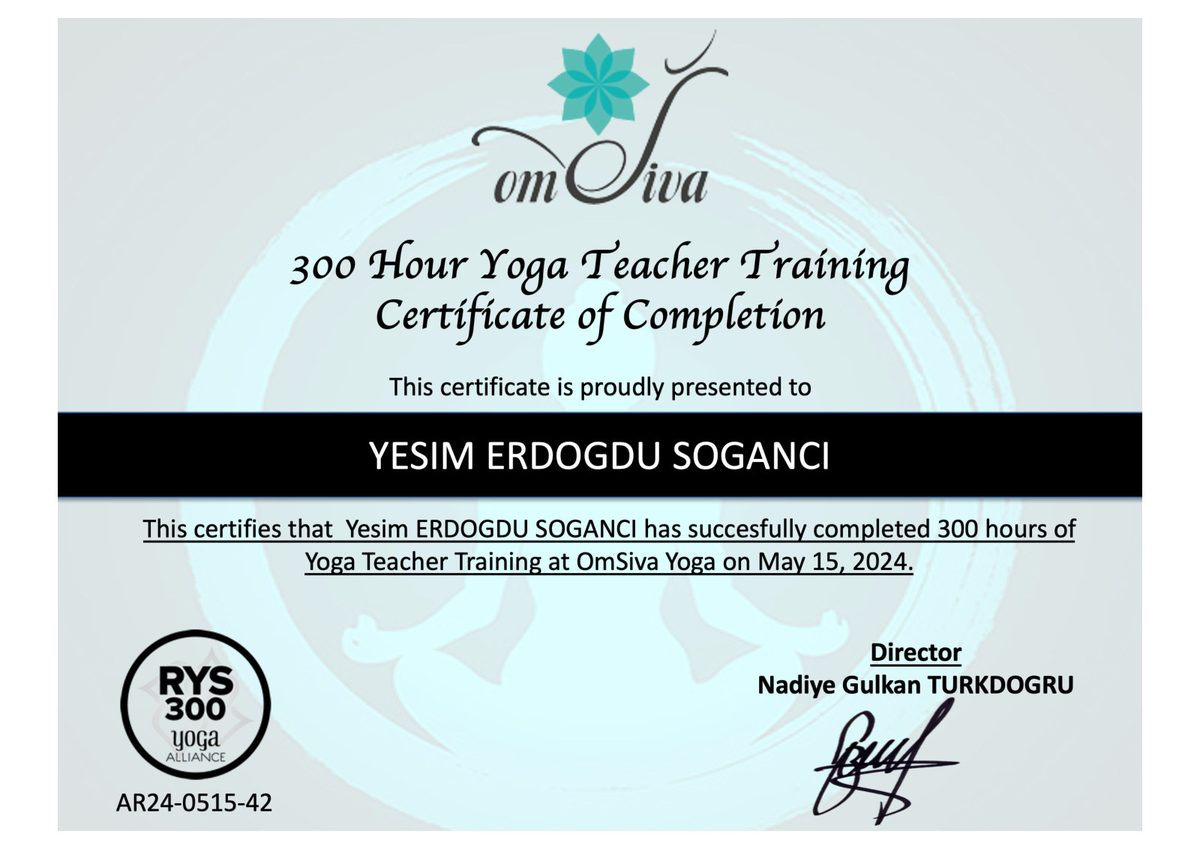 Yeşim Erdoğdu Soğancı — 300 saat yoga eğitmenliği sertifikası, OmSiva Yoga (RYS 300)
